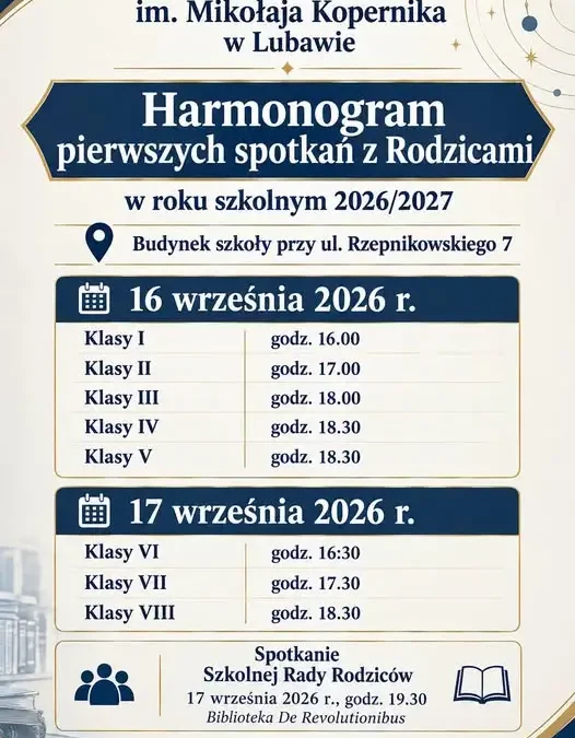 Harmonogram pierwszych spotkań z rodzicami w Szkole Podstawowej im. Mikołaja Kopernika w Lubawie
