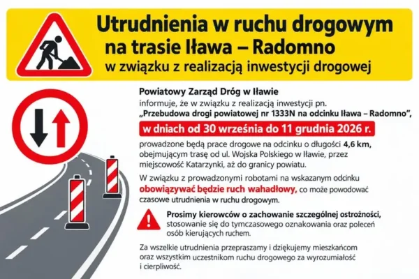 Utrudnienia na drodze Iława – Radomno: ruch wahadłowy do 11 grudnia