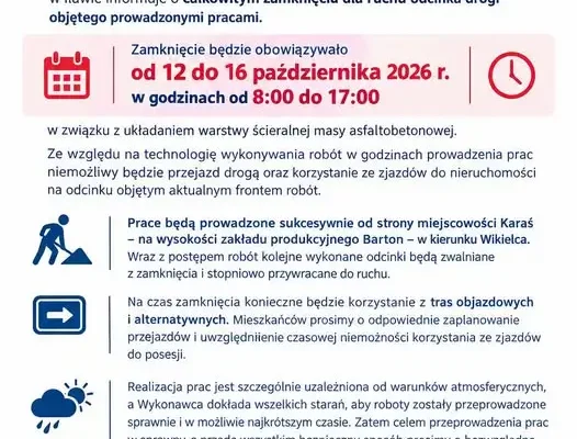 Utrudnienia na drodze Iława – Karaś. Powiatowy Zarząd Dróg informuje o zamknięciu odcinka