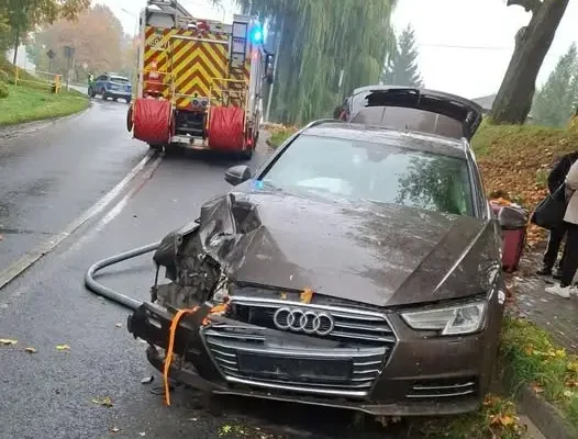 Kolizja w Ulnowie na DW 521 – Audi uderzyło w słup oświetlenia