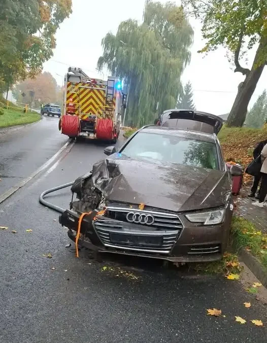 Kolizja w Ulnowie na DW 521 – Audi uderzyło w słup oświetlenia