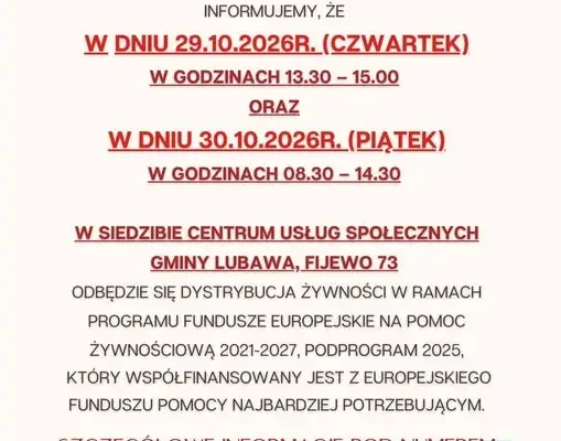 Dystrybucja żywności z programu Fundusze Europejskie dla mieszkańców gminy Lubawa